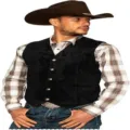 Men's retro casual vest detail showcasing vintage corduroy fabric texture and brass button craftsmanship. - M / Black