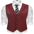Men's retro lapel single-breasted PU leather vest slim fit casual men's waistcoat - S / Red