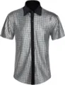 Men's silver sequin short sleeve disco shirt vintage 70s party button down costume top - S / Gray