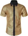 Men's shiny gold sequin short sleeve shirt with black contrast collar for party disco. - S / Yellow