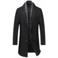 Men's thick wool blend trench coat mid-long winter outwear with houndstooth scarf - 170/M / Black