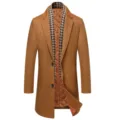 Men's thick wool blend overcoat with houndstooth lapel and quilted lining for winter. - 170/M / Dark Camel