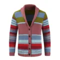 Mens colorful striped knit cardigan detail, vintage shawl collar and button closure design view. - M / Pink
