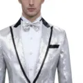 Men's shiny sequin suit jacket detail, black lapel collar and bow tie for party. - S / Silver