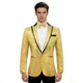 Detail view of the golden sequin blazer featuring a classic black lapel with gold bow tie. - S / Gold