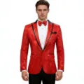 Detail view of the men red sequin blazer, showcasing shiny fabric texture and classic lapel. - S / Red