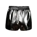 Pantalones cortos de verano casuales con cintura elástica de cuero brillante para mujer. - Negro
