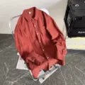 Camicia Uomo Casual Maniche Lunghe Lino Unita Rosso Ruggine Bottoni Estate Spiaggia Top - Borgogna