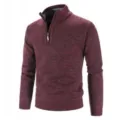 Men's stylish quarter-zip knitted pullover sweater in dark red with comfortable stand collar. - M / Pullover / Red