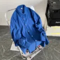 Camicia di lino blu uomo manica lunga casual larga estate protezione solare top - Blu Klein