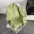 Camicia in lino uomo manica lunga casual ampia monocolore bottone top estivo moda - Verde