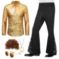 Detailed view of 70s retro disco costume set including metallic gold shirt and accessories. - S / Set / Gold