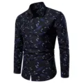 Herren Langarmshirt mit blauem Blattmuster, klassisches Revers lässiges Hemd - Blau Weiß Blätter