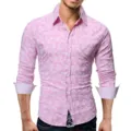 Men's pink camo long sleeve casual shirt with contrast white collar and cuffs for daily wear. - S / Pink Camo