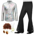 Men 70s disco costume set holographic shirt flared pants retro party outfit vintage style. - S / Set / Silver