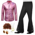 Detailed view of the 70s retro disco costume set featuring pink shirt and flare pants. - S / Set / Pink Purple