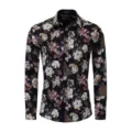 Herren Langarm Blumenmuster Freizeit Hemd, Revers Knopfleiste Vintage Stil gedruckt. - Schwarz Ölgemälde Blumen