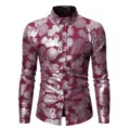 Herren Langarm Hemd mit Knöpfen und metallischem silbernen Paisley Blumenmuster. - Burgund Silber Blumen