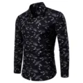Herren Langarm Freizeit Knopfleiste Hemd mit stylischem schwarzen Blattdruck Design. - Schwarz Grau Blätter