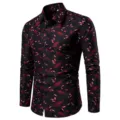 Herren schwarzes Langarm Freizeithemd mit rotem Blattmuster und klassischem Kragen. - Schwarz mit Roten Blumen