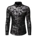 Herren Langarm Freizeit Hemd Vintage Paisley Muster Knöpfe Slim Fit Elegant Oberteil - Schwarz Silber Blumen