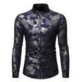 Herren Langarm Hemd mit metallischem silbernen Paisleymuster in dem dunklen Blau. - Marineblau Paisley