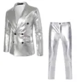 Herren silber glänzender zweireihiger Anzug Jacke und Hose Detailansicht Mode Kleidung. - S / Silbernes Set