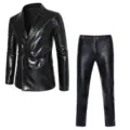 Glänzender schwarzer Herren zweireihiger Anzug Jacke und Hose Stoff Detailansicht neu. - S / Schwarz Set