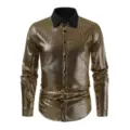Men's long sleeve metallic shiny grid shirt with contrast black turn-down collar detail. - S / Tops / Gold