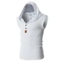 Men's casual white sleeveless hooded tank top featuring front buttons and comfortable summer fit. - L / Tops / White