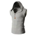 Men's gray sleeveless hooded vest detail view, casual fitness tank top with button. - L / Tops / Gray