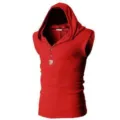 Détail t-shirt sans manches à capuche rouge, débardeur fitness d'été, coupe ajustée sport. - L / Hauts / Rouge