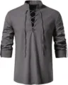 Men's Long Sleeve Cotton Linen Henley Shirt Casual Stand Collar Hippie Beach Top Grey - Gray