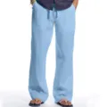 Men light blue linen casual trousers loose fit drawstring breathable summer long pants detail - Light Blue