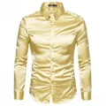Herren Seide Satin Langarm Hemd Detail, glaenzend Reverskragen Freizeit Mode Oberteil - Hellgelb