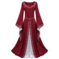 Medieval Renaissance retro vintage long dress with silver embroidery and bell sleeves. - Red