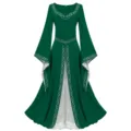 Medieval Renaissance vintage long sleeve dress with silver embroidery and white contrast inner. - S / Green