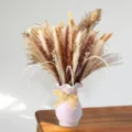 Natural dried pampas grass bouquet with rabbit tail grass in pink vase for wedding decor. - HS58