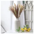 Natural dried pampas grass and bunny tails bouquet with striped ceramic vase for home decor. - Striped Ceramic Vase Dried Flower Bouquet (HS60)