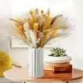 Dried flowers bouquet with white ceramic vase for home decoration, wedding and table setup. - HS189