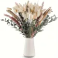 Nordic dried flower bouquet with rabbit tail grass and eucalyptus leaves in white vase. - Dried Flower Bouquet (HS201)