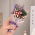 Mini dried flower bouquet with pink purple wrap, cute small gift for birthday and teachers day. - Xiaochun Rose with Purple Paper Mini