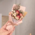 Mini dried flower bouquet with preserved roses and baby breath, perfect gift for women. - Luoshen Rose with Pink Paper Mini