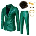 Costume disco sequin vert homme avec accessoires fete tenue de scene veste blazer et pantalon - Vert + Accessoires