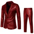 Men Sequin Metallic Suit Set Disco Party Stage Performance Shiny Blazer and Pants Outfit - Red