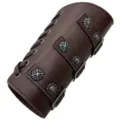 Close-up detail of the vintage medieval leather bracer with metal floral conchos and buckle. - Dark Brown