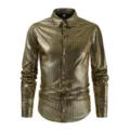 Men gold metallic long sleeve shirt slim fit button down fashion party dress shirt top - S / Tops / Gold