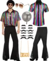 70s men disco costume set sequin rainbow shirt bell bottom pants party accessories detail - S / Set / Multicolor Top & Silver Sequin Flare Pants with Accessories