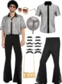 70s disco costume for men vintage retro shiny sequin shirt flare pants party outfit - S / Set / Silver Top & Silver Sequin Flare Pants with Accessories