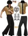 70s retro disco men costume set with shiny sequin shirt and flared pants for party stage. - S / Set / Gold Top & Silver Sequin Flare Pants with Accessories
